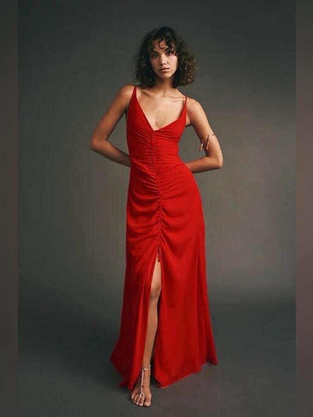 Free People Simone Maxi Dress Size 8 Red Ruched Slit